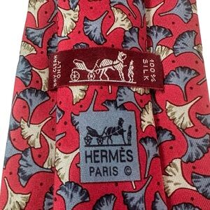 HERMÈS Tie Silk Luxury Red Background with Blue & Light Green Ginkgo Leaves